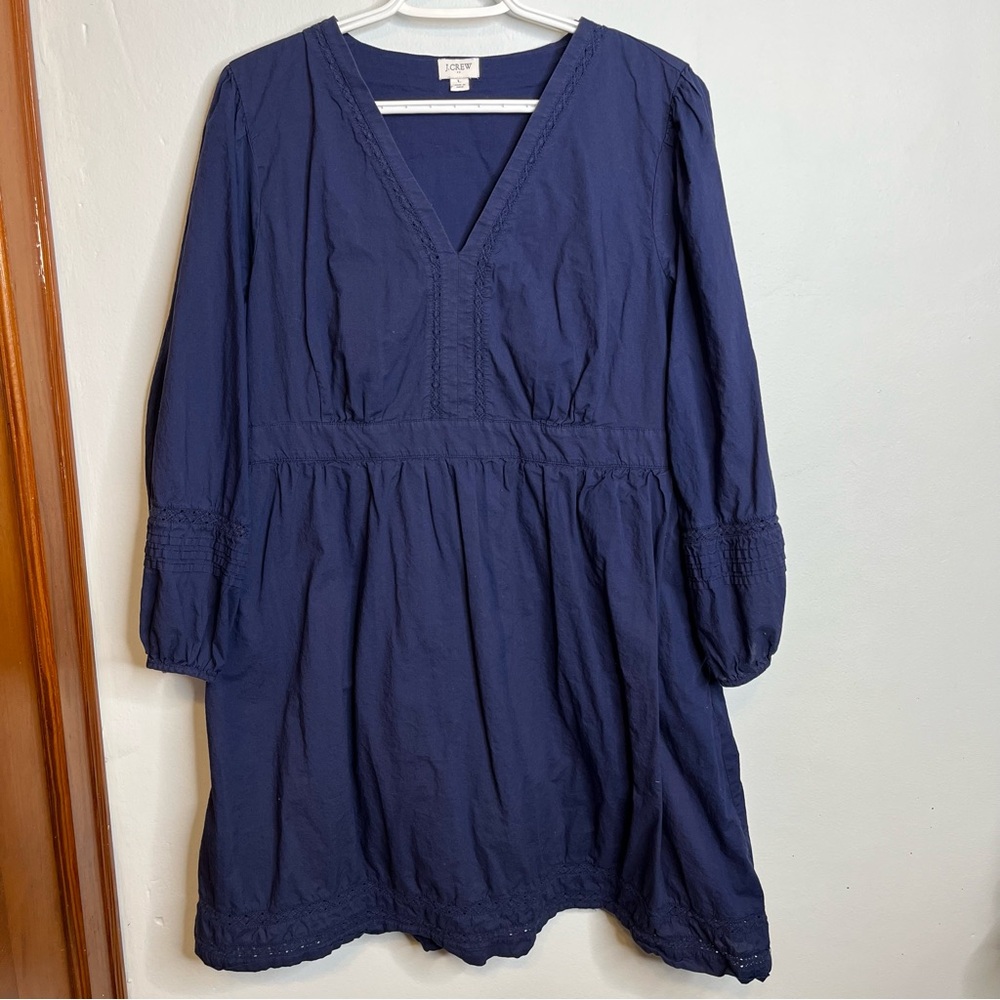 J Crew Blue V Neck Mini Dress Navy Boho Peasant Eyelet Large VGUC